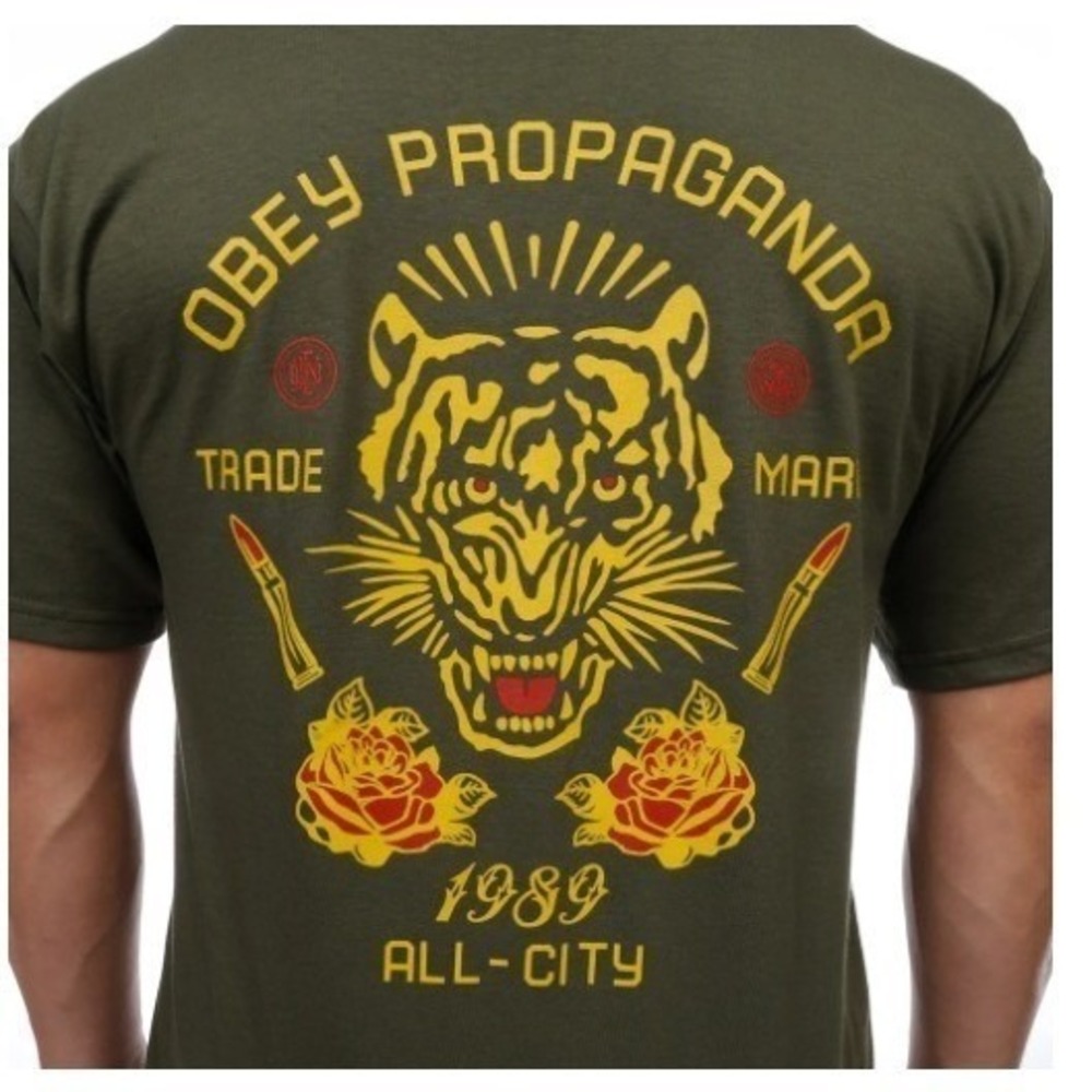 Obey | Mens Propaganda Tiger Rose Graphic T Olive Green All-City 1989 | Size S - Picture 2 of 6